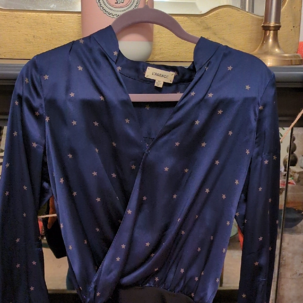 L'Agence Silk  Navy Star Print Women's Top